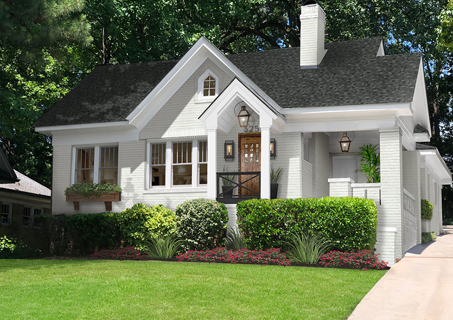 Charming brick bungalow painted white via virtual home design rendering service