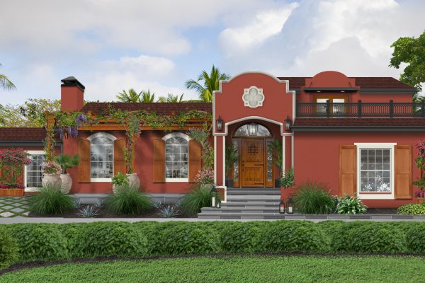 Red stucco Mediterranean-style home with a roof deck