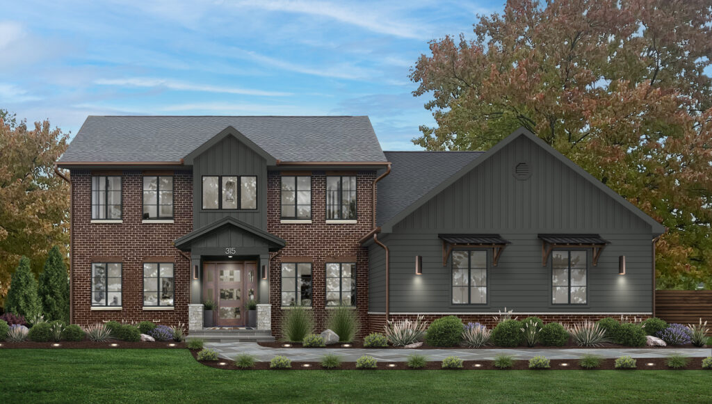 Natural red brick paired with a charcoal gray color, and copper light fixtures.