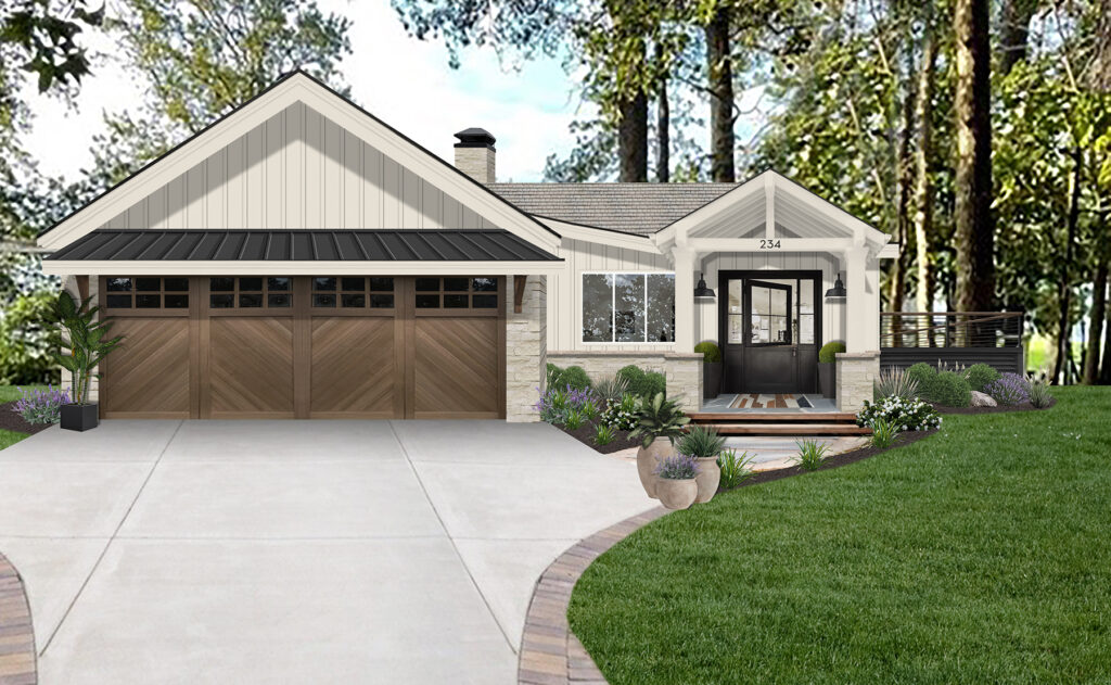 One story home virtually painted In Shoji White by Sherwin Williams with a black front door, and wood stained garage door. 