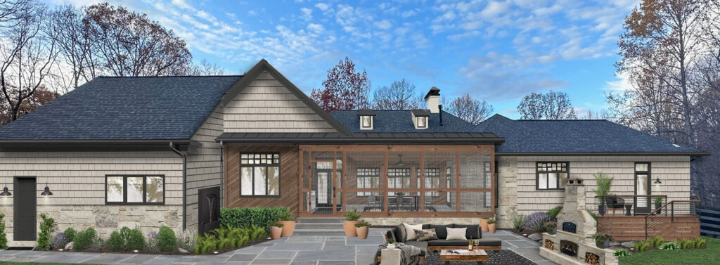 Virtual rendering of a home painted in Worldly Gray by Sherwin Williams with a wood framed screened-in porch, and stone skirting. 