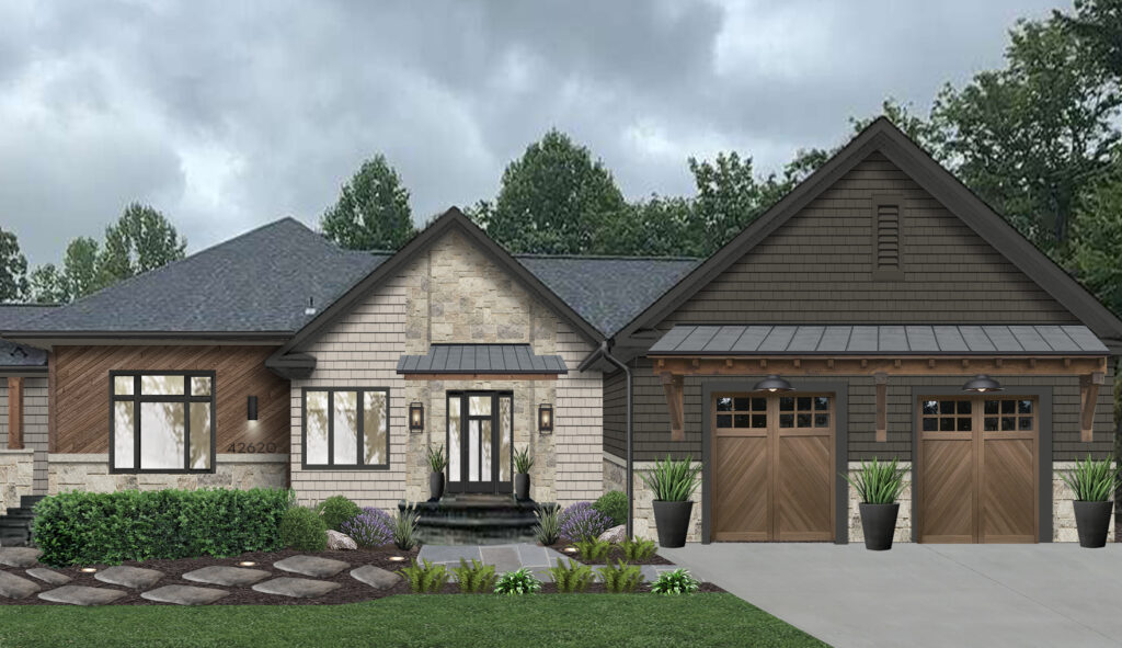 Farmhouse painted in a moody color palette with a stepping stone walkway and stone accents on the entry. 