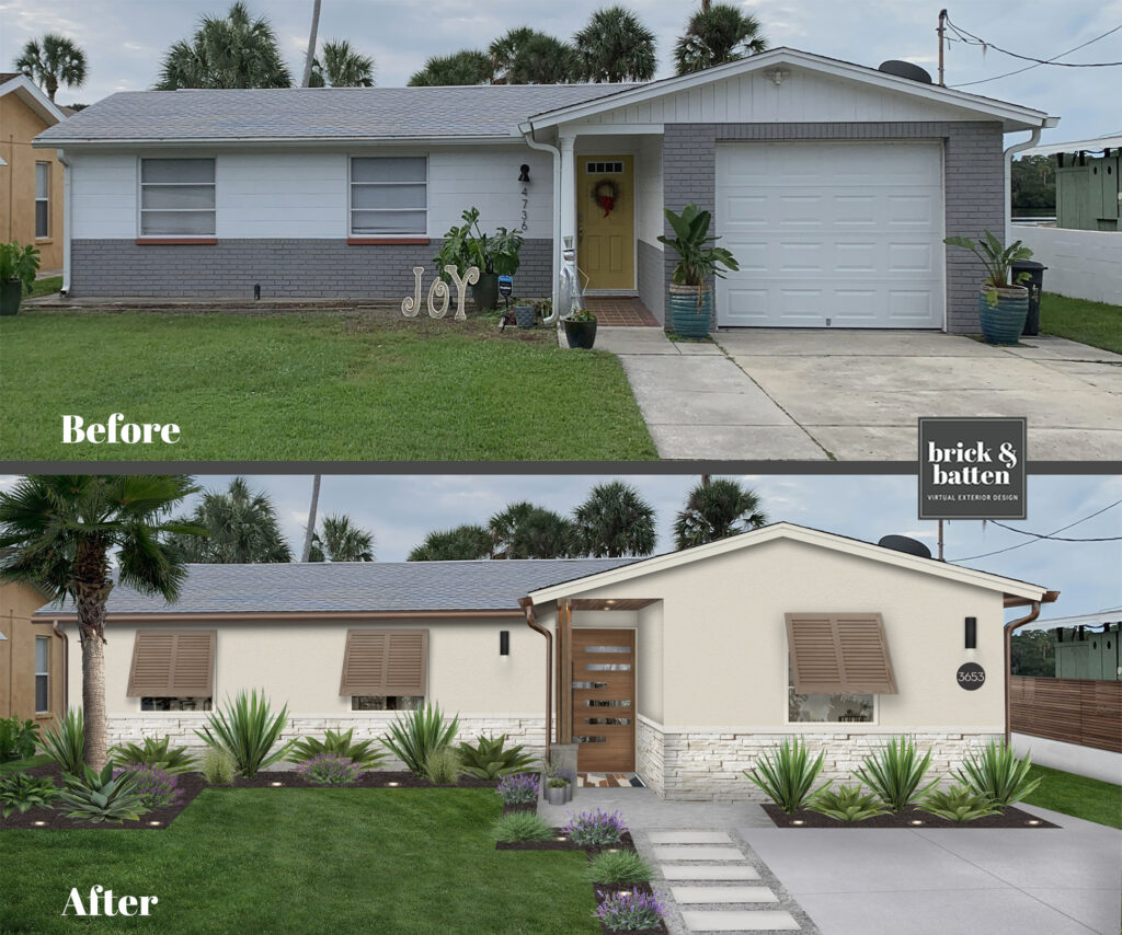 A before and virtual after photo showcasing a simple house update