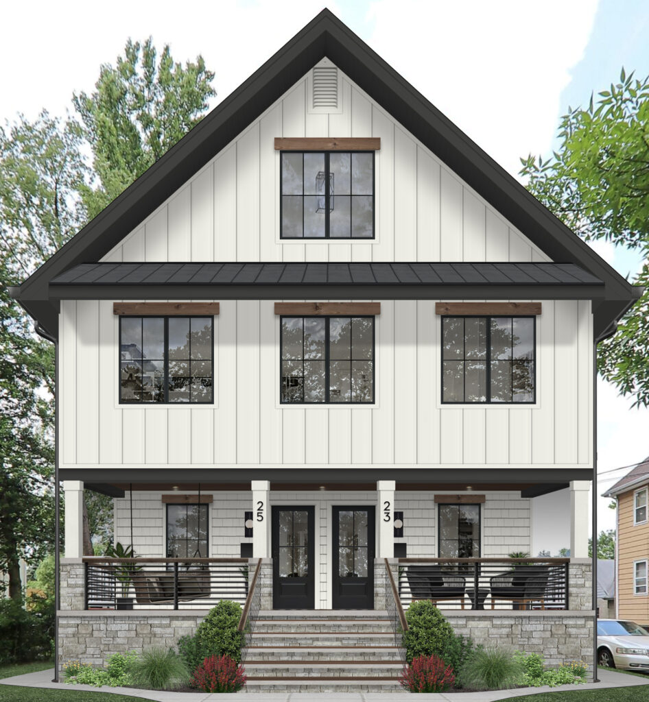 Digital rendering of a three-story home exterior with off-white vertical siding and charcoal gray accents.