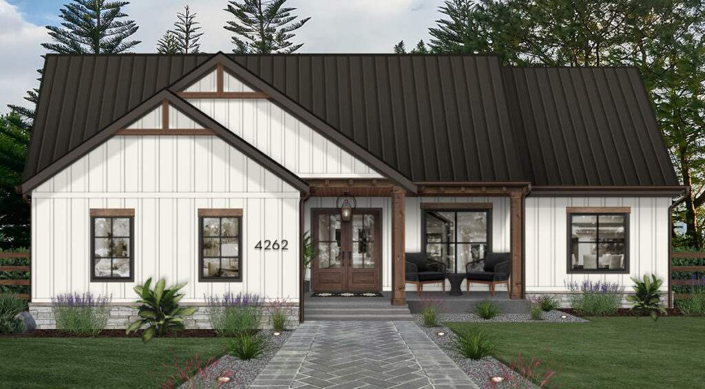 A rendering of a house with a beautiful front door design