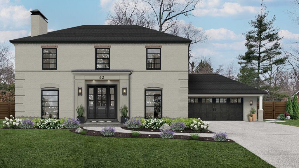A rendering of a home exterior with ample lighting