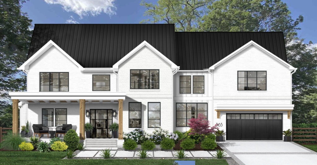 white brick house with black and wood accents