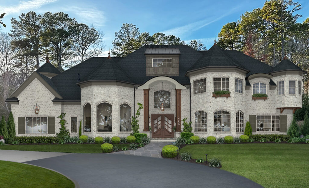 A rendering of a home exterior with mahogany accents