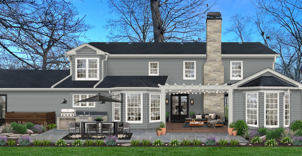 A rendering of a home showcasing one of brick&batten's patio remodel ideas