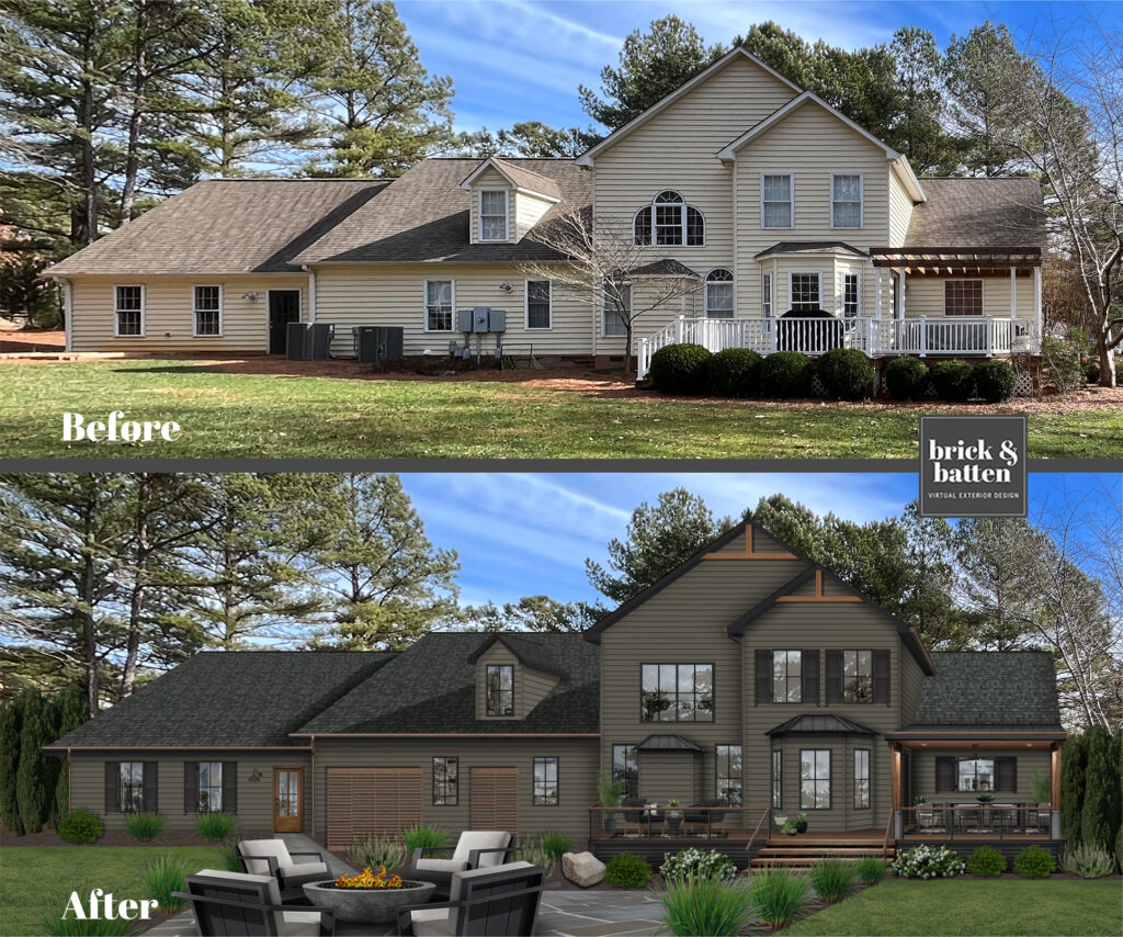 before-and-after rendering of the back of a tradiitonal house
