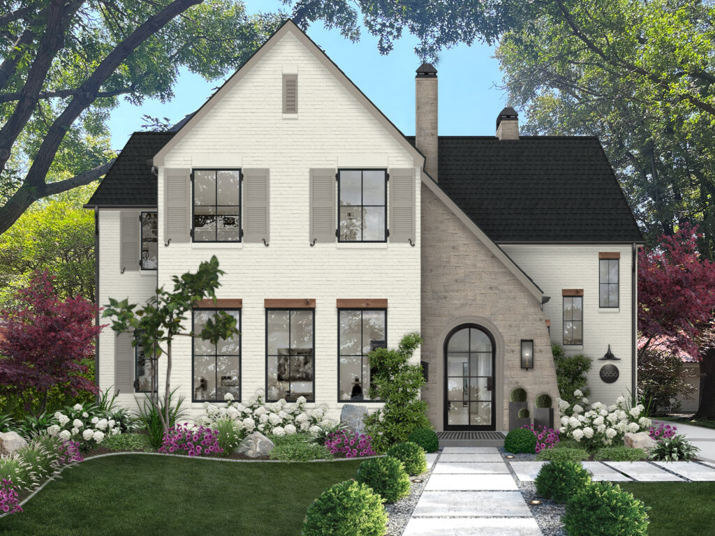A rendering of a home exterior with a stone accent wall