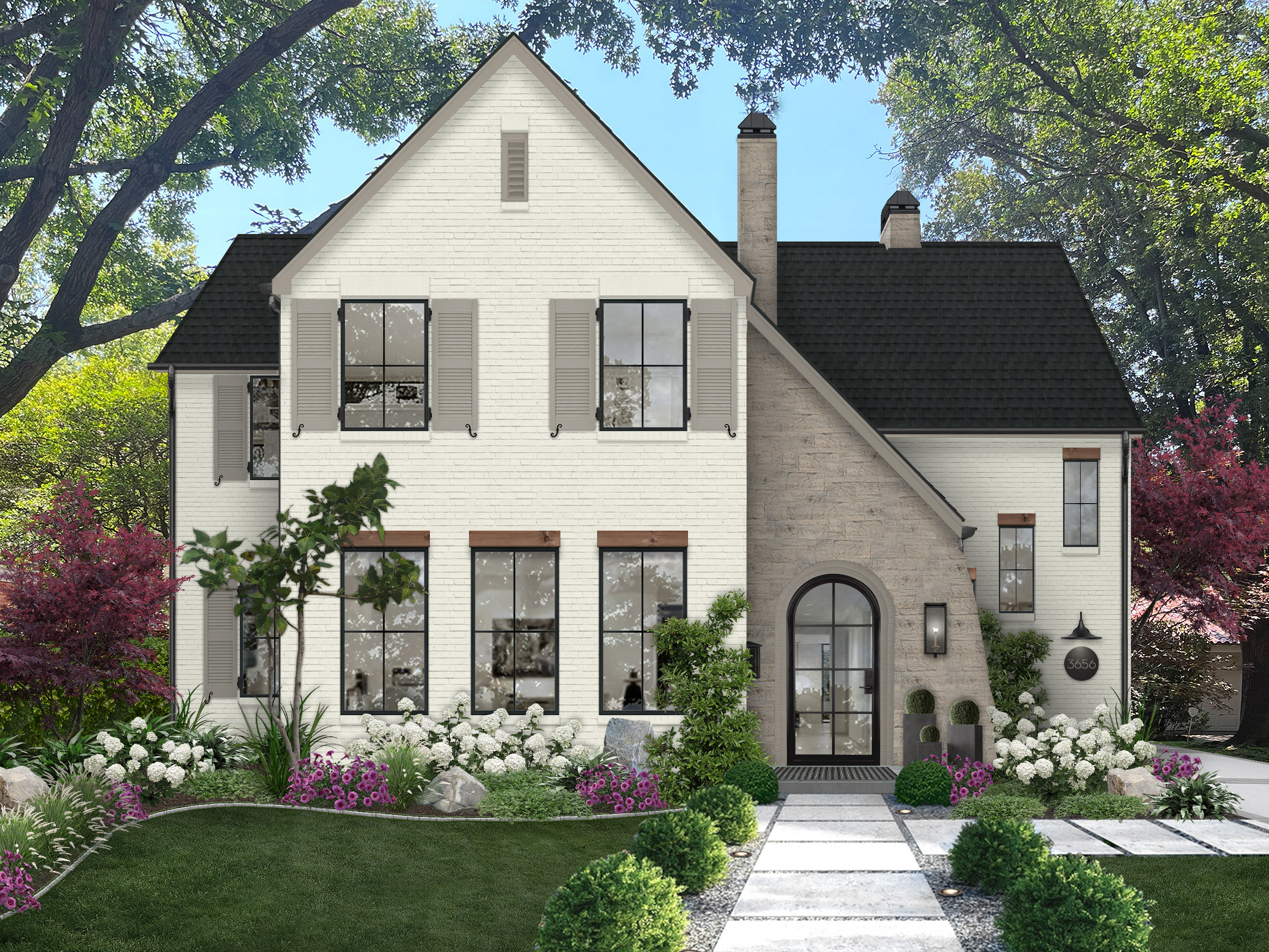 A rendering of a home exterior with a stone accent wall