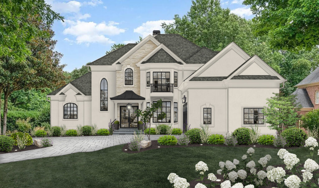 Large multi-story brick home with black windows, light beige stone cladding, and dark gray roof shingles. 