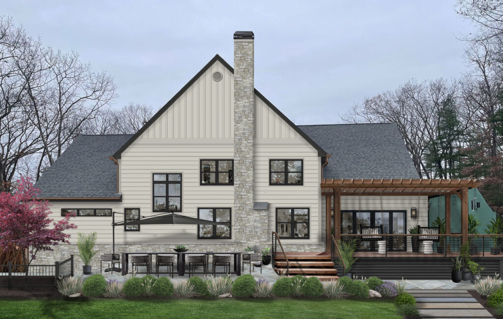 back of a house with a big outdoor table perfect for entertaining