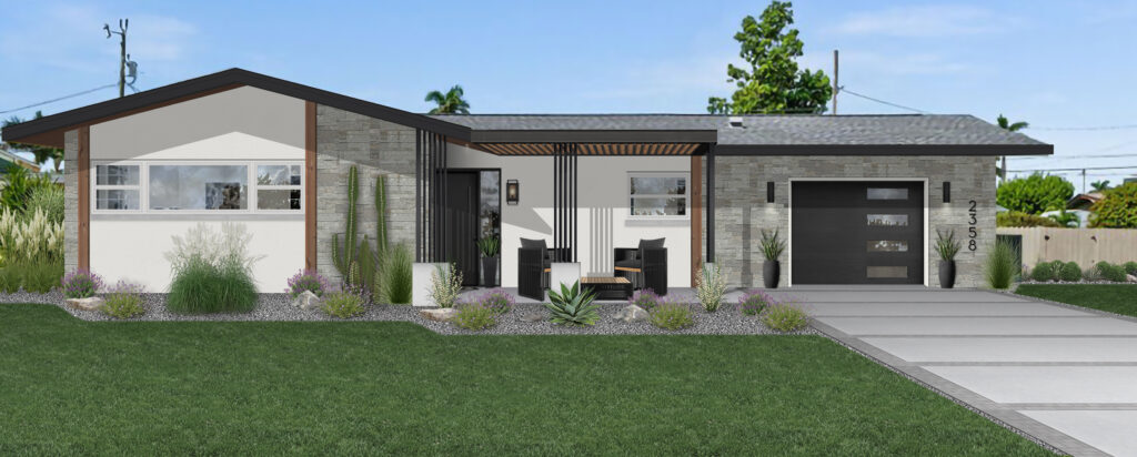 A rendering of a home with small patio furniture