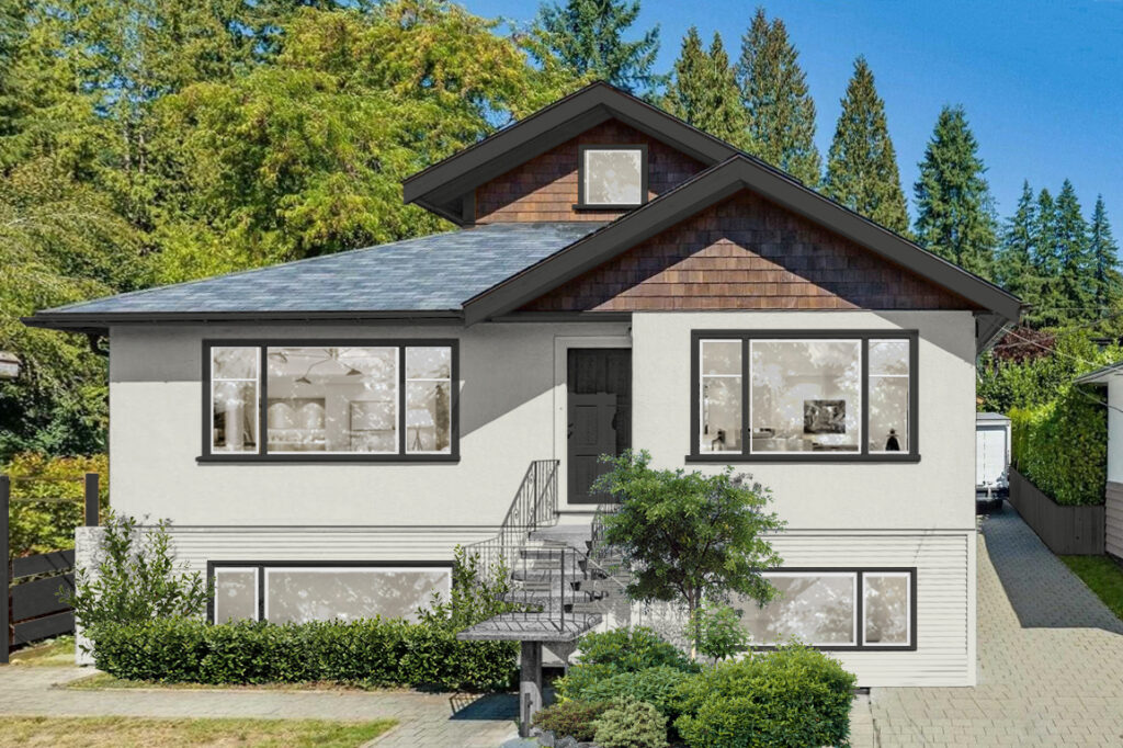 Modern home with black windows, stained cedar shake siding, a black front door, and minimal landscaping. 