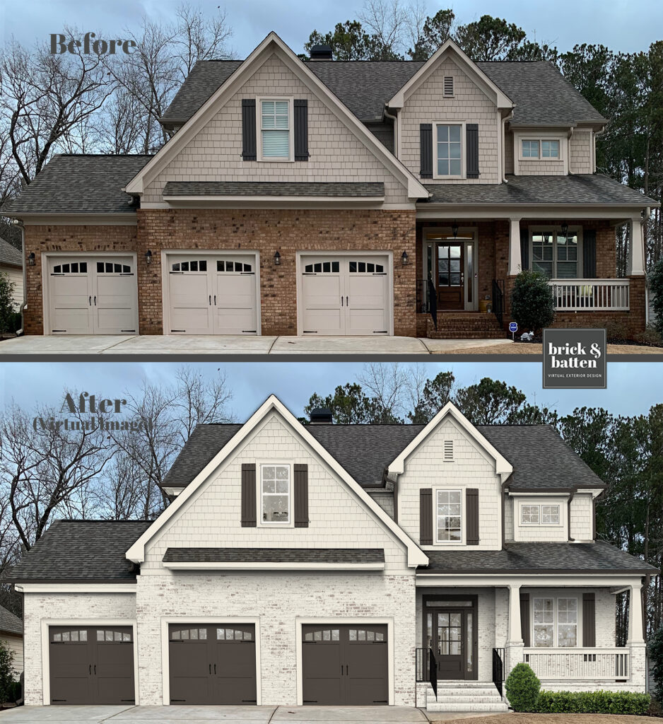 before-and-after rendering of a house with limewashed brick and shake siding
