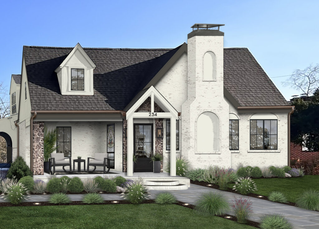 A rendering of a home exterior with an outdoor seating area