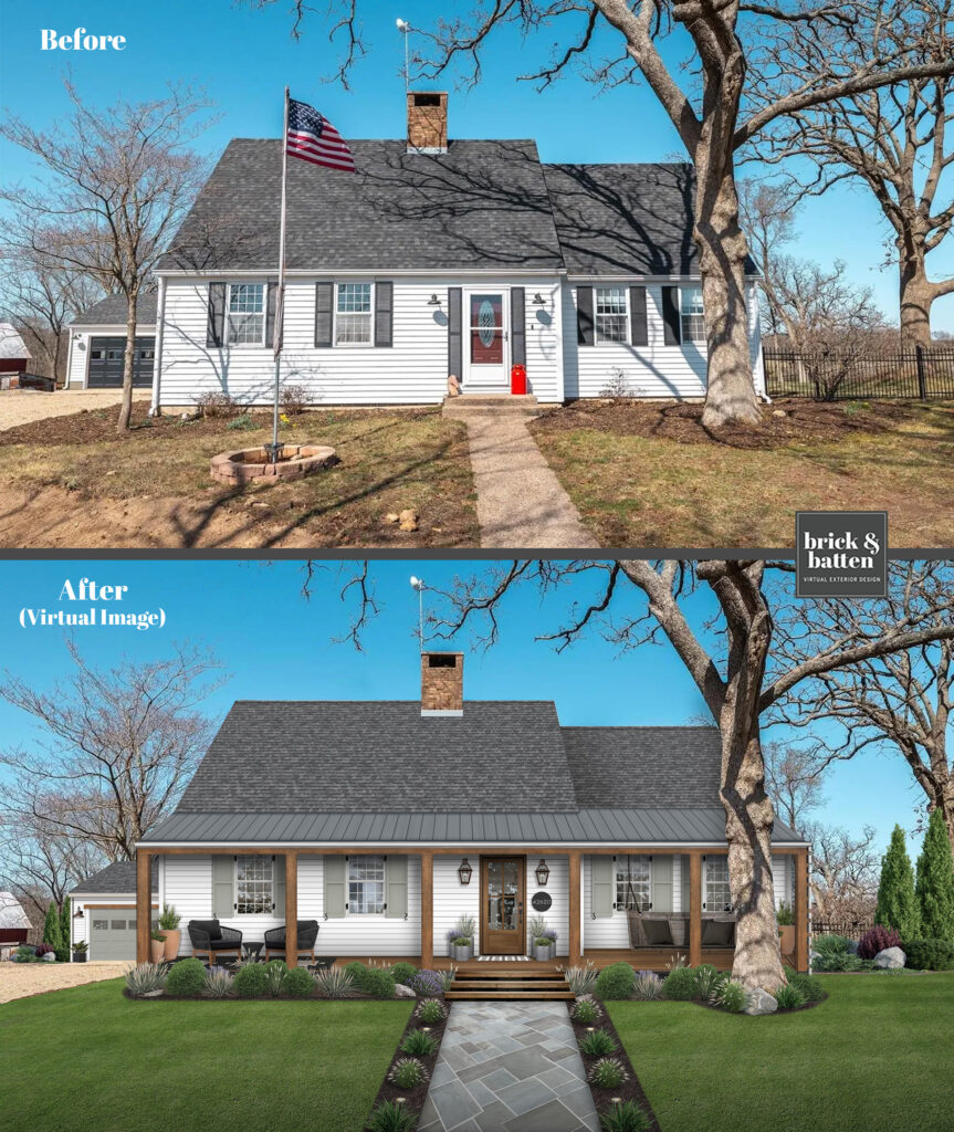 before and after of a traditional house with white siding
