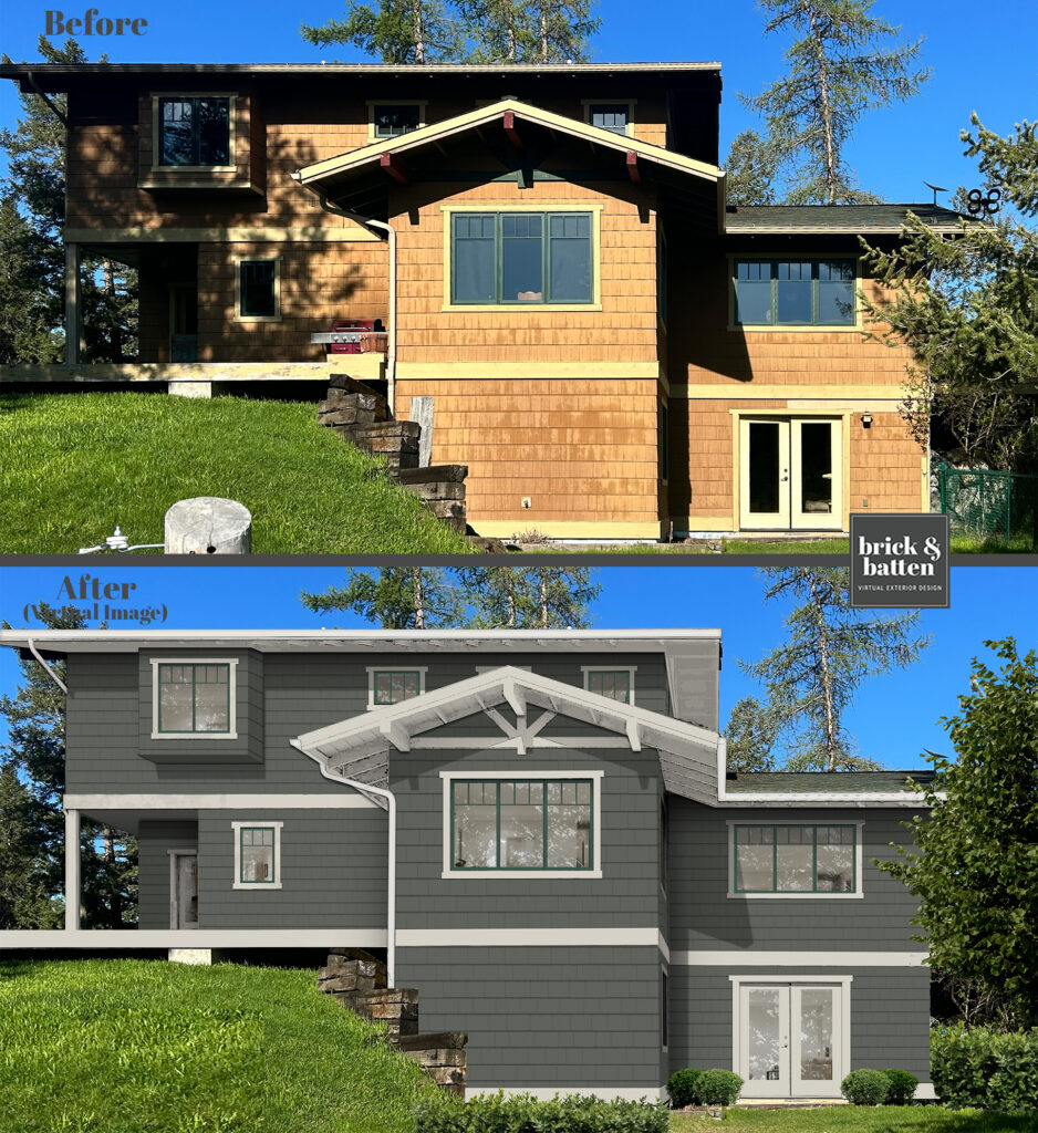 A before photo and a rendering of a beautiful house design