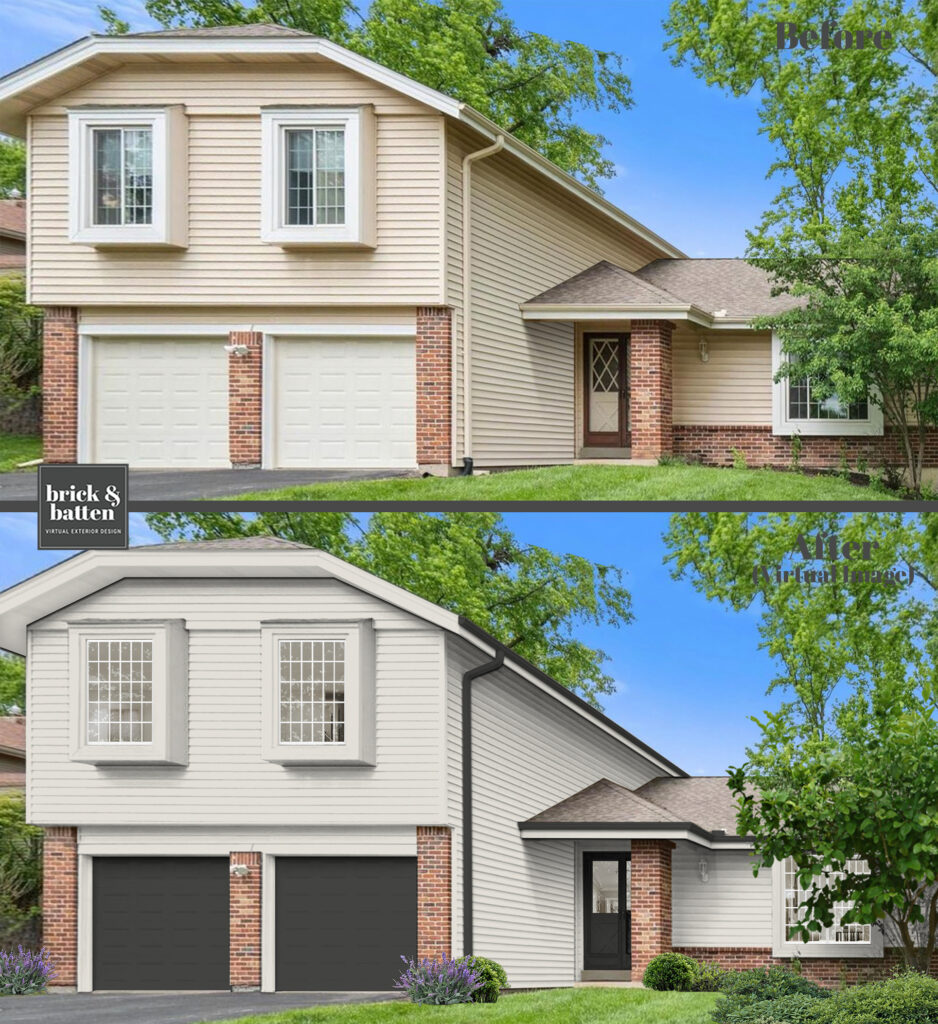 A before and virtual after photo of a beautiful house