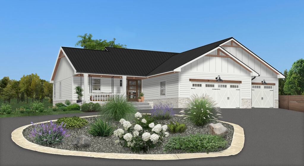 white ranch with carriage house garage doors