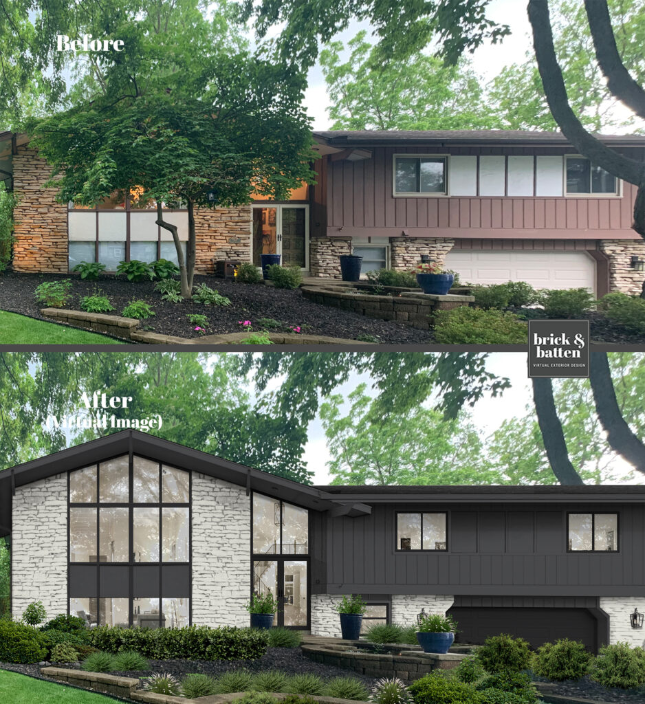 A before and after of a home with exterior paint