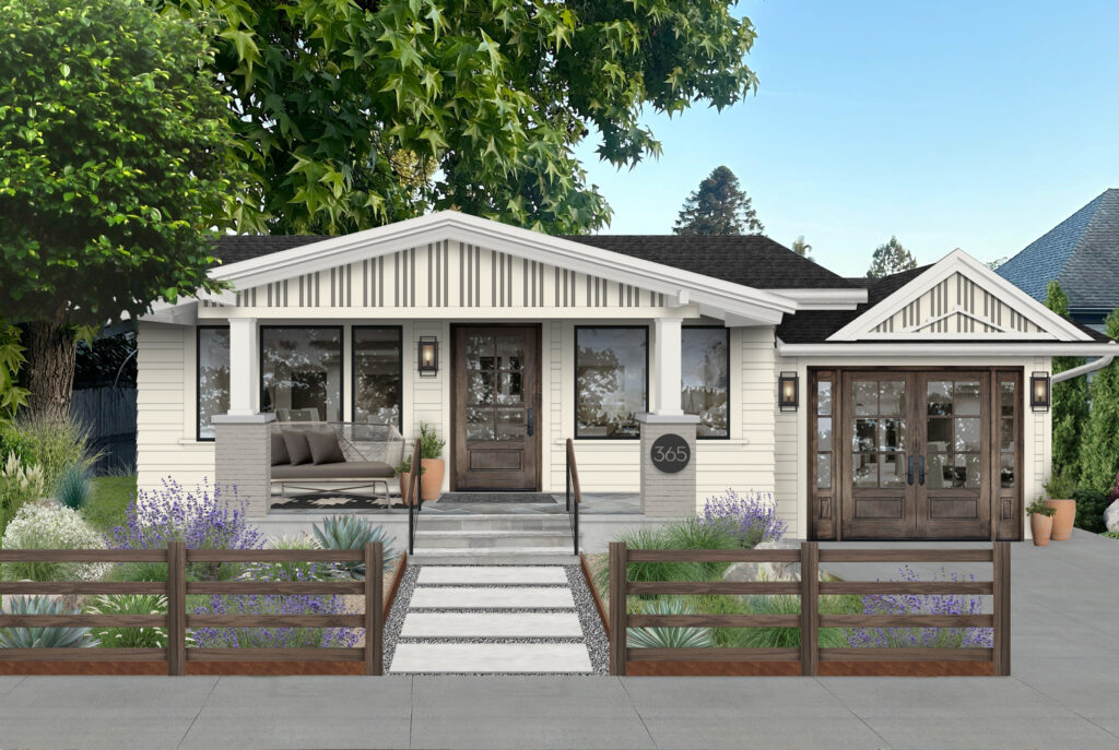 A rancher style home with a decorative vertical wood, wood doors, and a stone and paver walkway. 