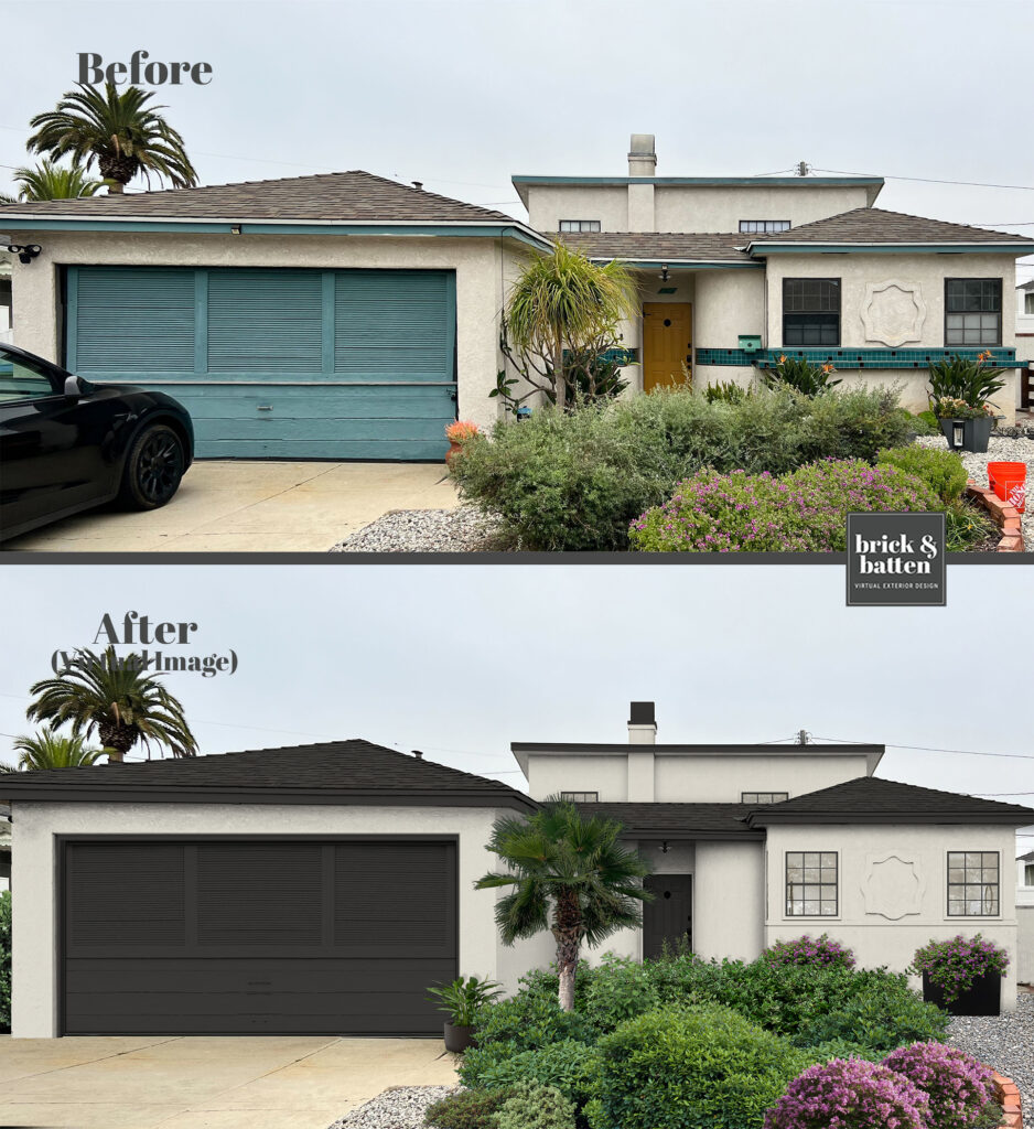 A before and virtual after of a home with a painted garage door