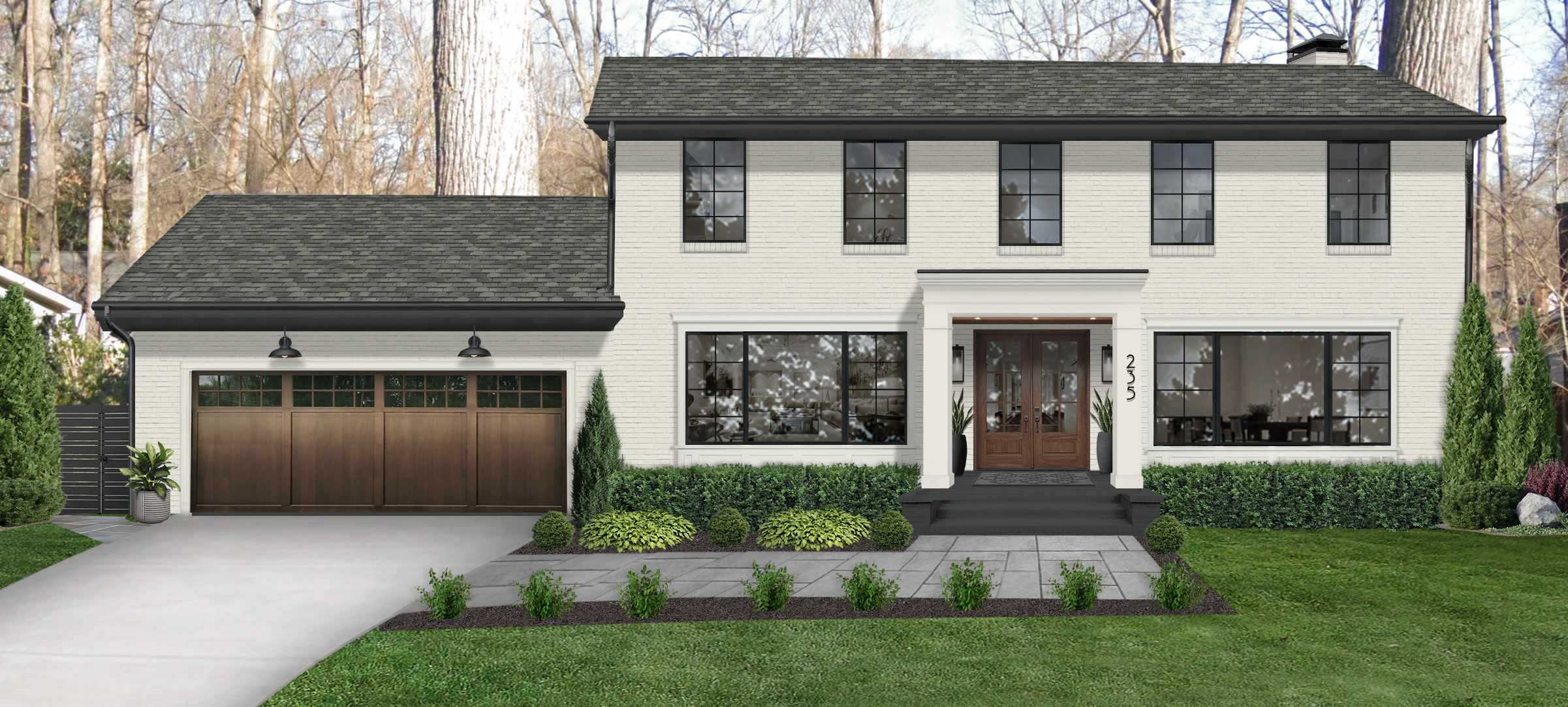 A rendering of a home exterior with a wood garage door and front door