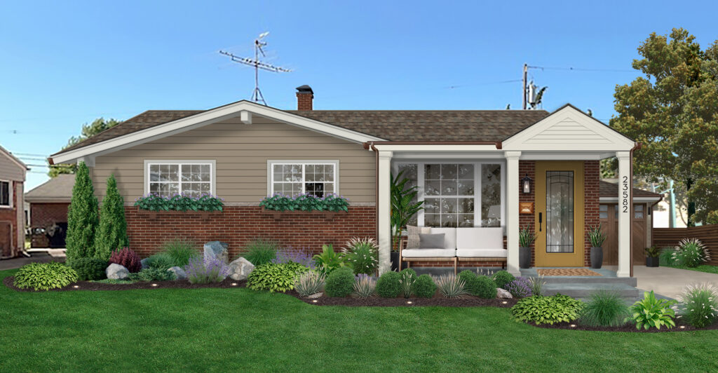 small neutral house with window planters