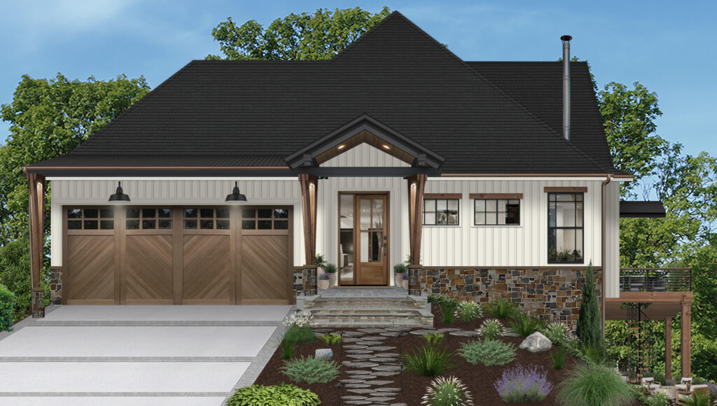 white house with stone and wood accents