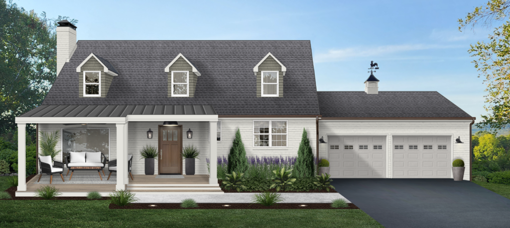 farmhouse with white siding and green dormers