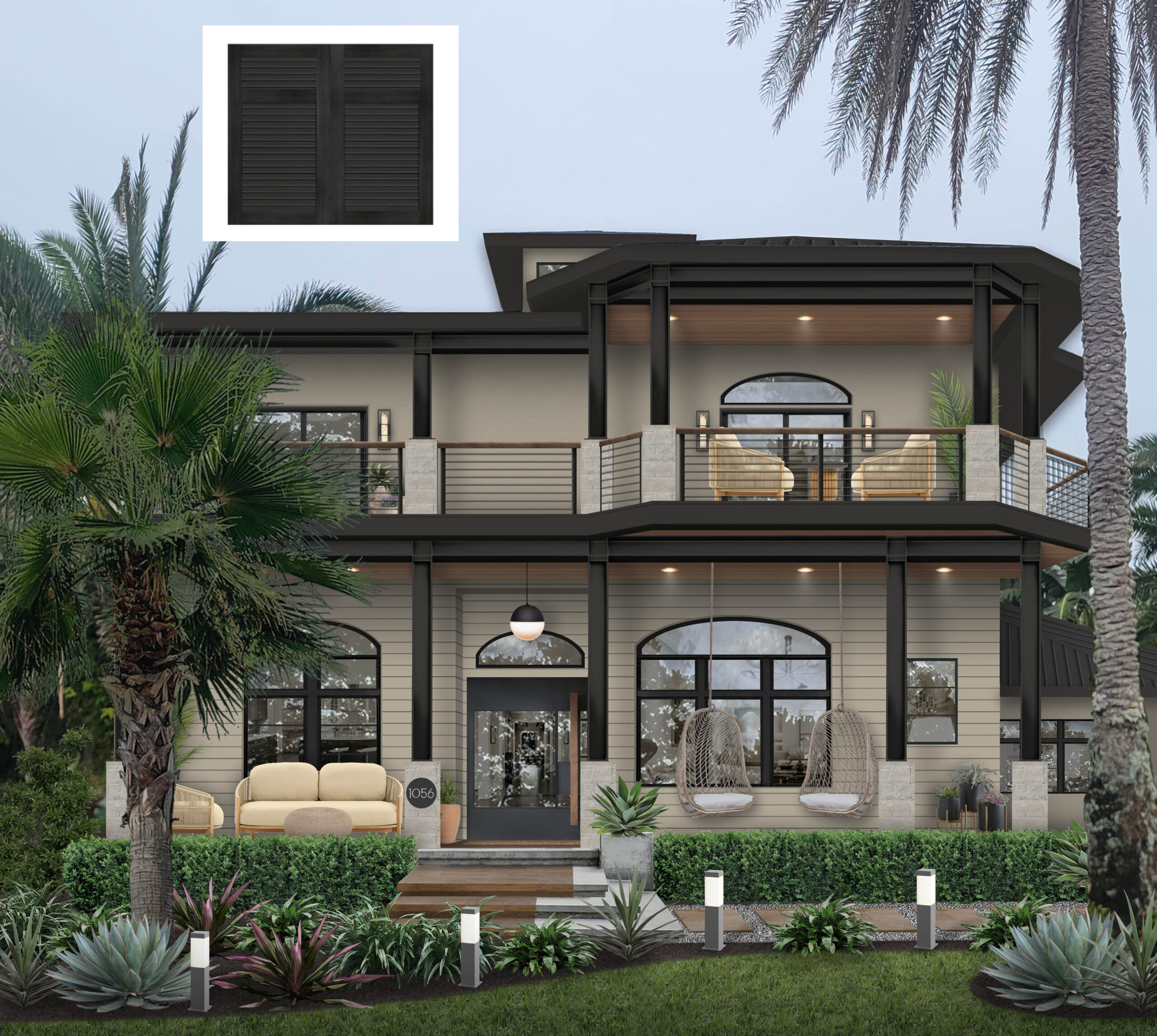 Florida home designed with a welcoming porch, wood ceiling, hanging chairs, a cable railing, and beautiful landscape.