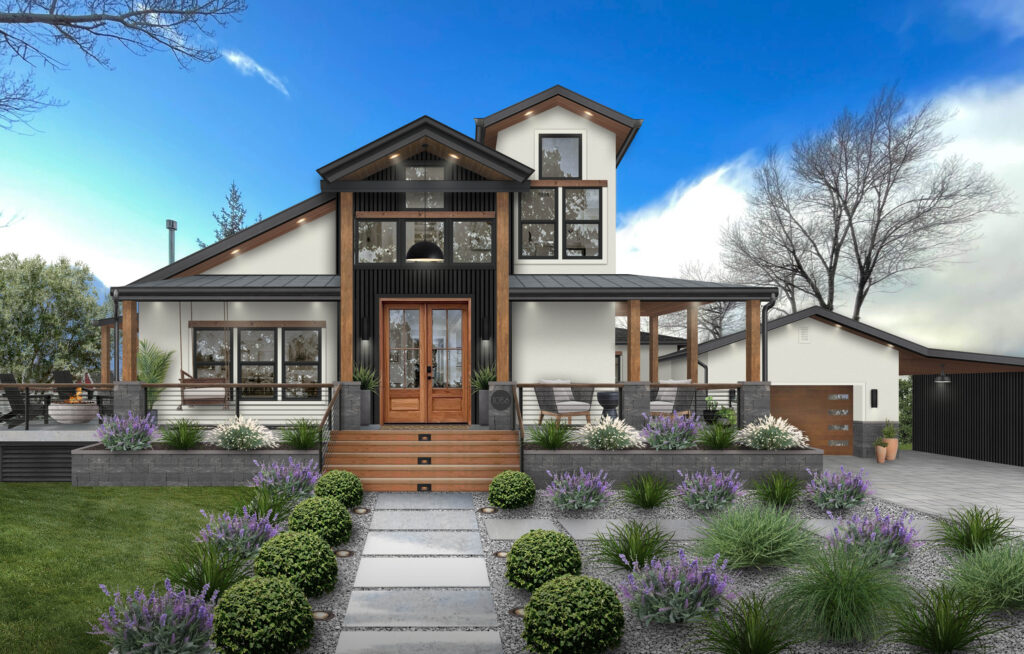 Home exterior rendering with a wraparound front porch and well-manicured landscaping.